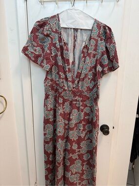 Anthropologie Floral V-Neck Jumpsuit in Burgundy and Teal